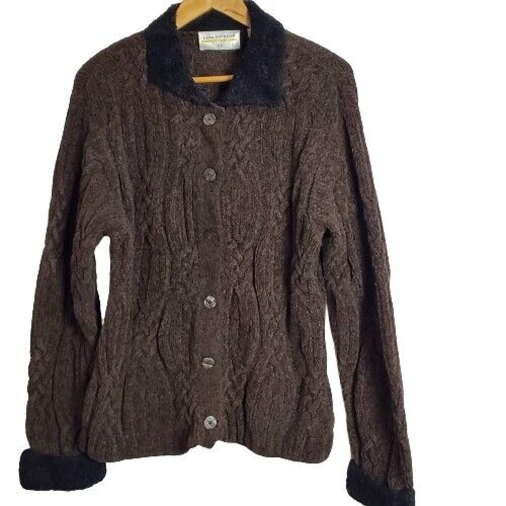 Vintage Y2K Lisa Nichols Cable Knit Wool Blend Button Up Brown Black Cardigan XL